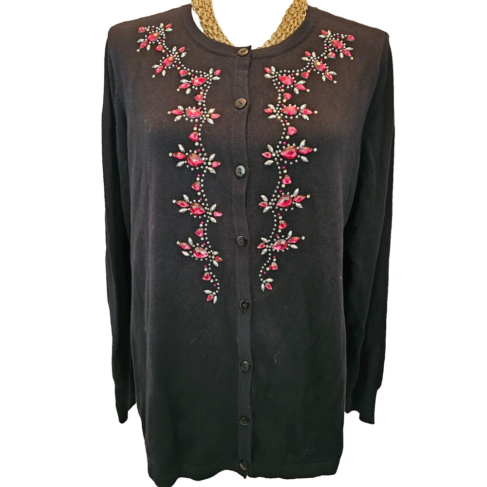 Bob Mackie Womens Black Crew Neck Cardigan Sweater Embellished Sequins Size L